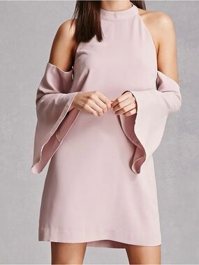 Stolen Hearts Pink Cold Shoulder Halter Mini Dress Bell Sleeve Boho S Feminine